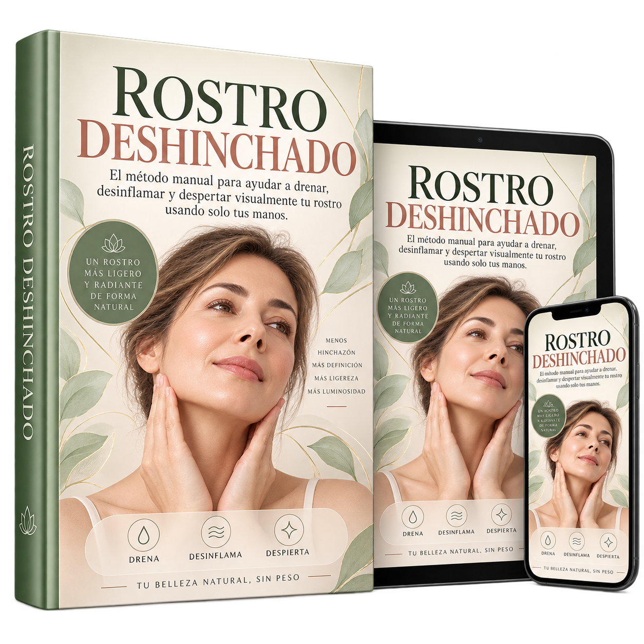 Guía digital Rostro Deshinchado mostrada en libro, tablet y móvil